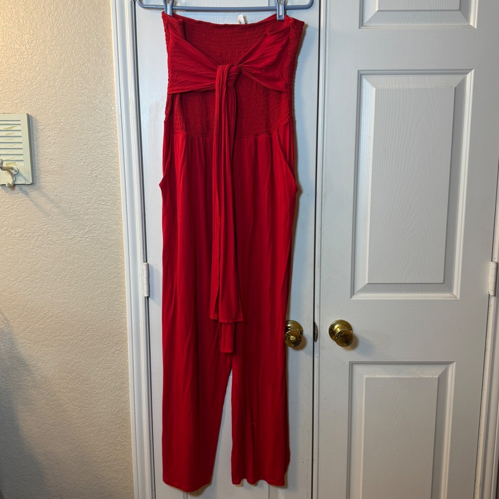 Venus Red Strapless Smocked Jumpsuit with Pockets Front Tie Wide-Leg Size 1X
